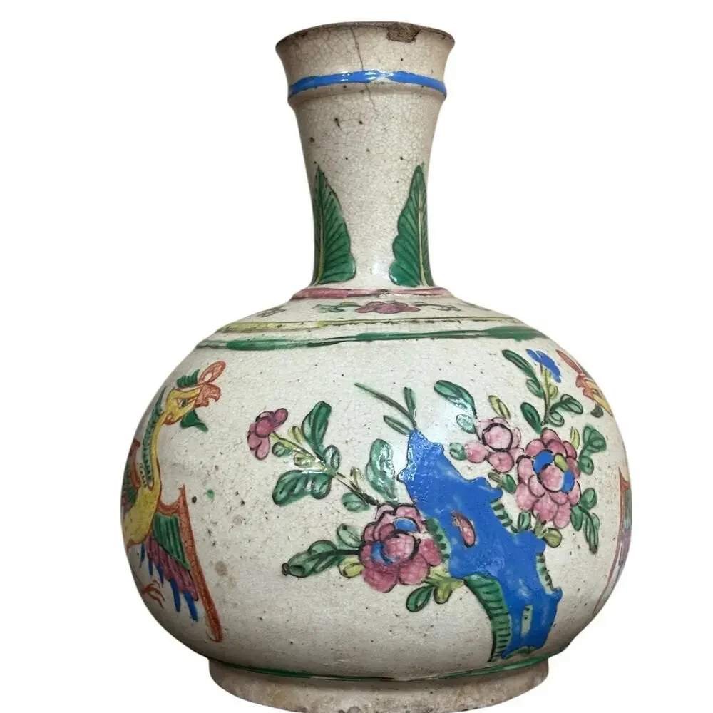 Chinese Phoenix Bottle Vase Crackle Glaze Famille Rose Style Floral Vtg Decor
